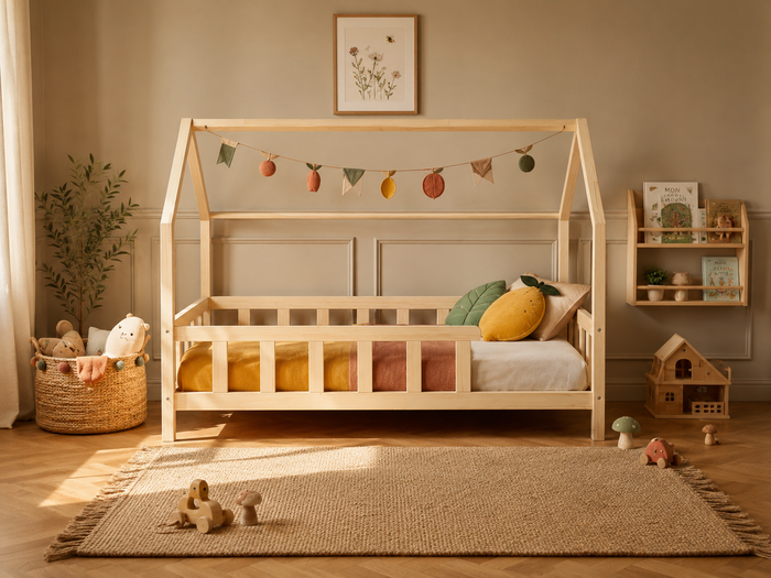 Lit double cabane 140x200 en bois avec toit façon maisonnette et barrières de sécurité – Lit Boréal