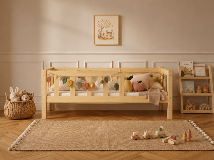 Lit double enfant en bois sur pieds avec barrières 140x200 – Lit Nuage