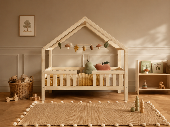 Lit double cabane 140x200 en bois avec toit pointu et barrières de protection – Lit Boréal
