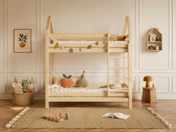 Lit superposé en bois avec toits façon cabane 90x190 – Lit Lucioles