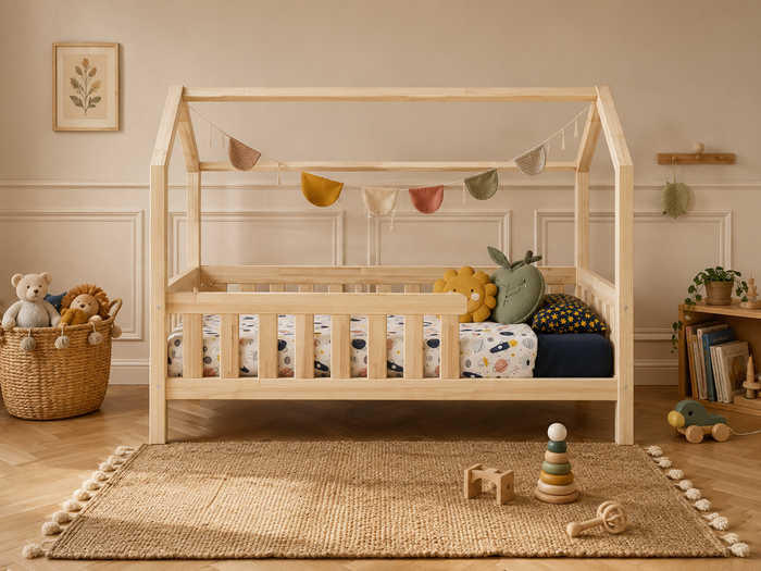 Lit double cabane 120x200 en bois avec barrières protectrices et toit façon maisonnette – Lit Rêverie