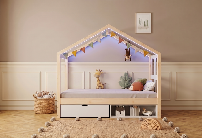 Lit cabane Montessori 90×200 avec tiroirs & LED – Cabane Aurore