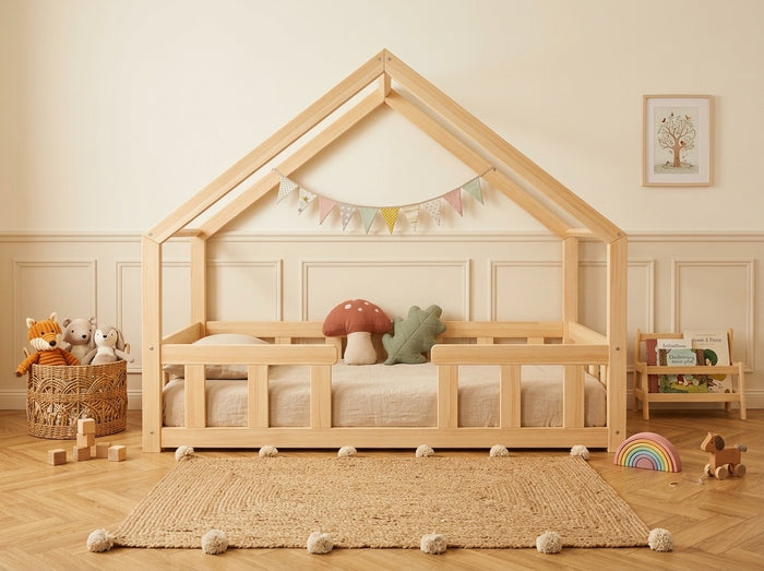 Lit cabane Montessori 120x200 en bois avec barrières de sécurité et toit maisonnette – Lit Boréal