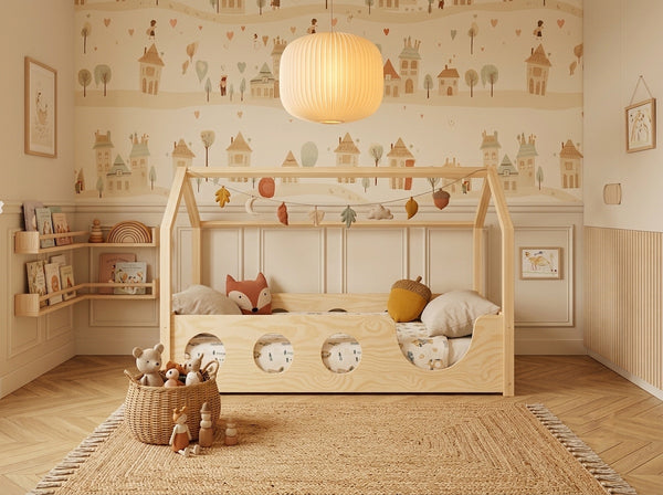 Lit cabane Montessori 120X200 en bois avec toit façon maisonnette et barrières de protection – Lit Rêverie
