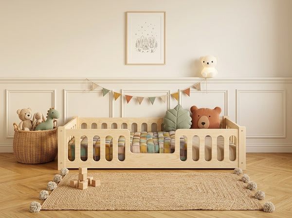 Lit enfant en bois ras du sol avec panneaux ajourés 90x190 – Lit Bulle