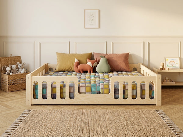 Lit double Montessori 120x200 en bois avec barrières de sécurité aux bords arrondis – Lit Cocon