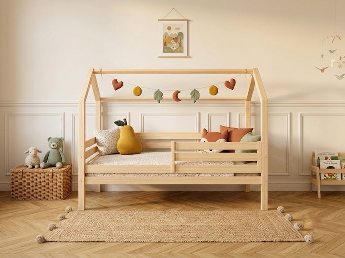 Lit cabane 90x190 en bois avec toit façon maisonnette et tiroir de rangement – Lit Farandole
