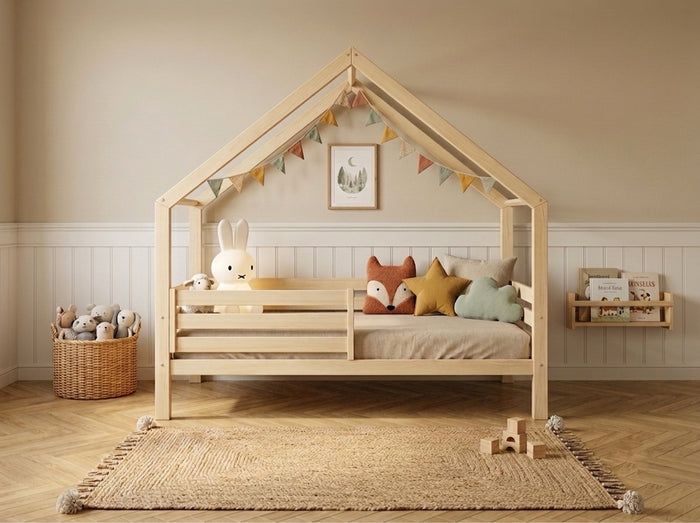 Lit cabane 80x160 en bois avec toit façon maisonnette et barrières de sécurité – Lit Rêverie