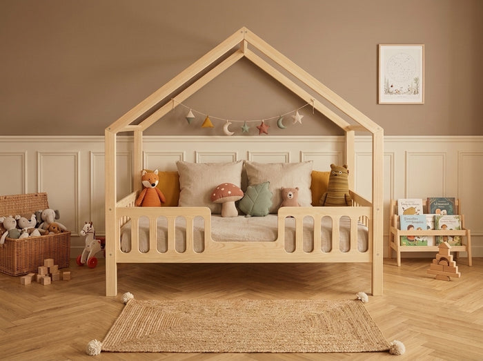 Lit double cabane 120X200 en bois avec barrières de sécurité et tiroir – Lit Cocon