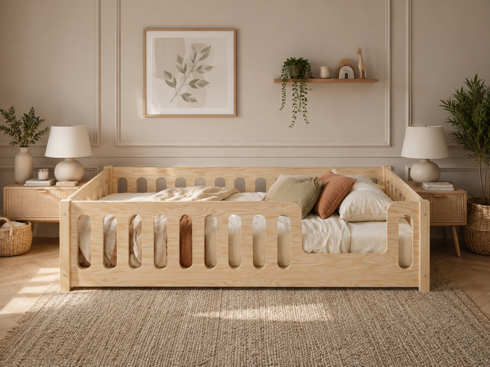 Lit double Montessori 120x200 en bois avec barrières de sécurité rassurantes – Lit Cocon