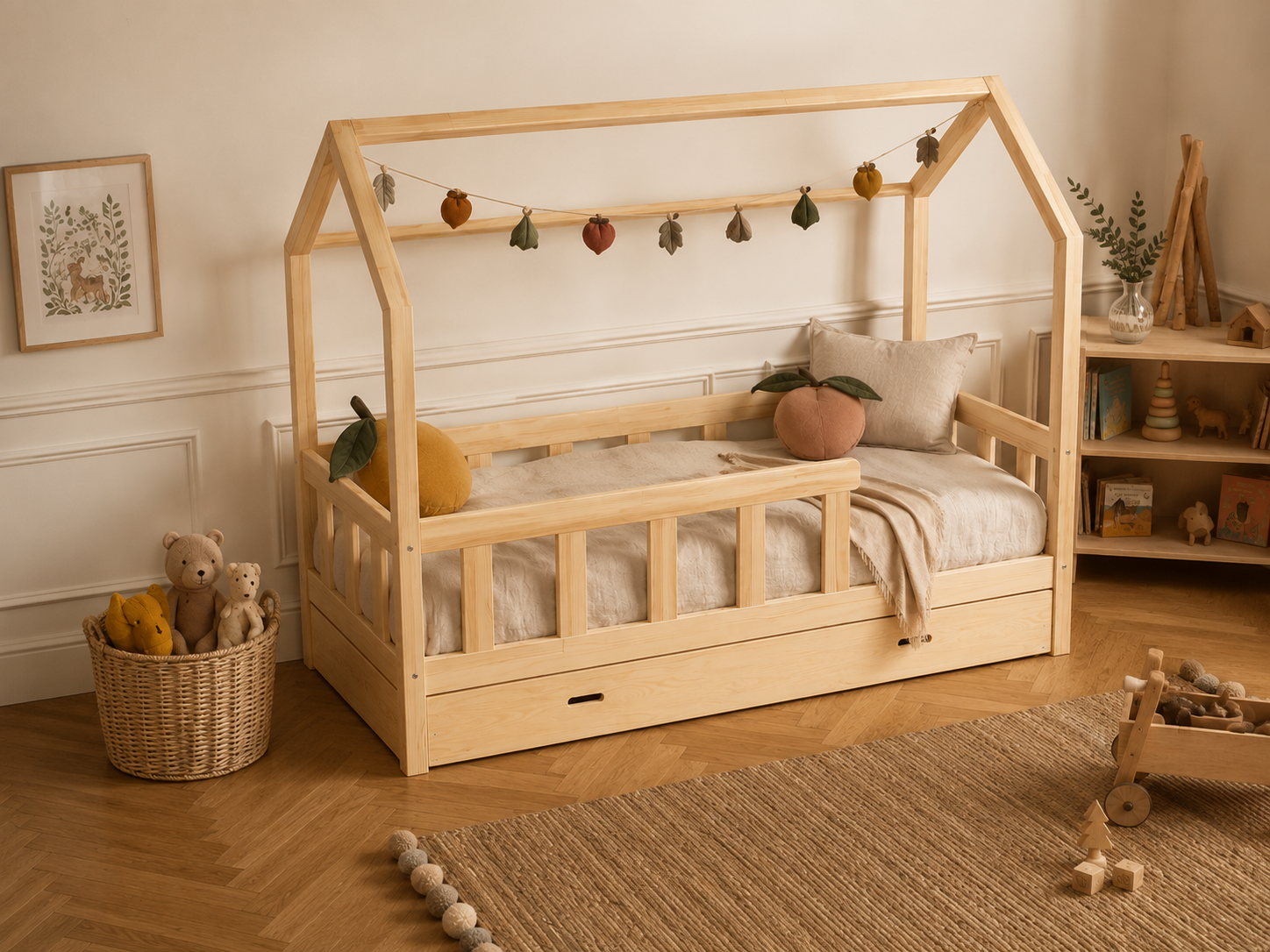 Lit double cabane en bois avec toit ouvert et barrières 120x200 – Lit Cocon