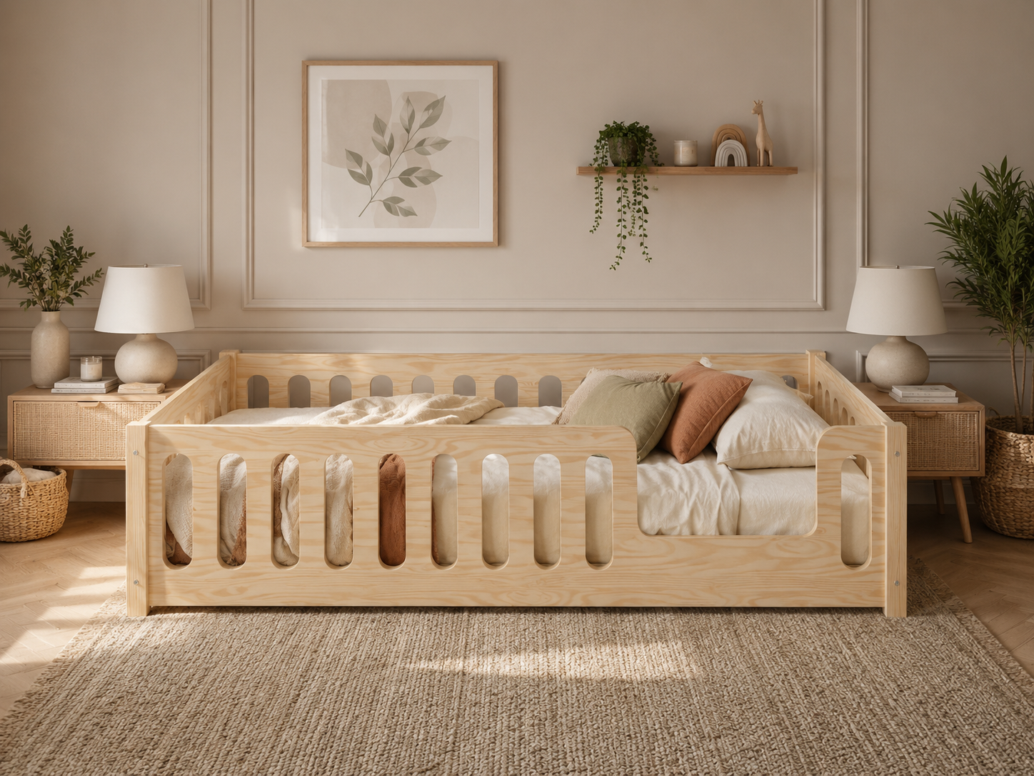 Lit double enfant en bois ras du sol avec barrières ajourées 140x200 – Lit Bulle