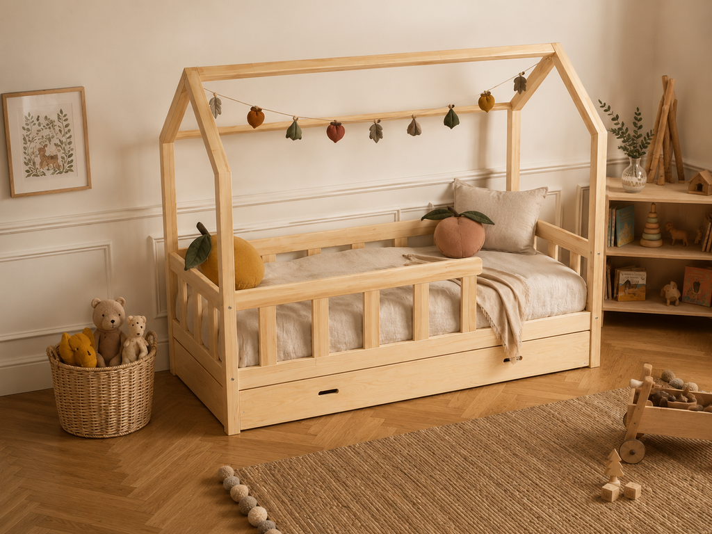 Lit double enfant en bois avec toit cabane et tiroir 140x200 – Lit Doudou