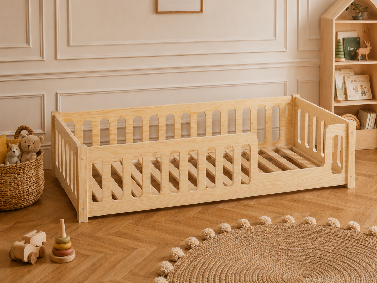 Lit enfant en bois ras du sol avec panneaux ajourés 90x190 – Lit Étoilé