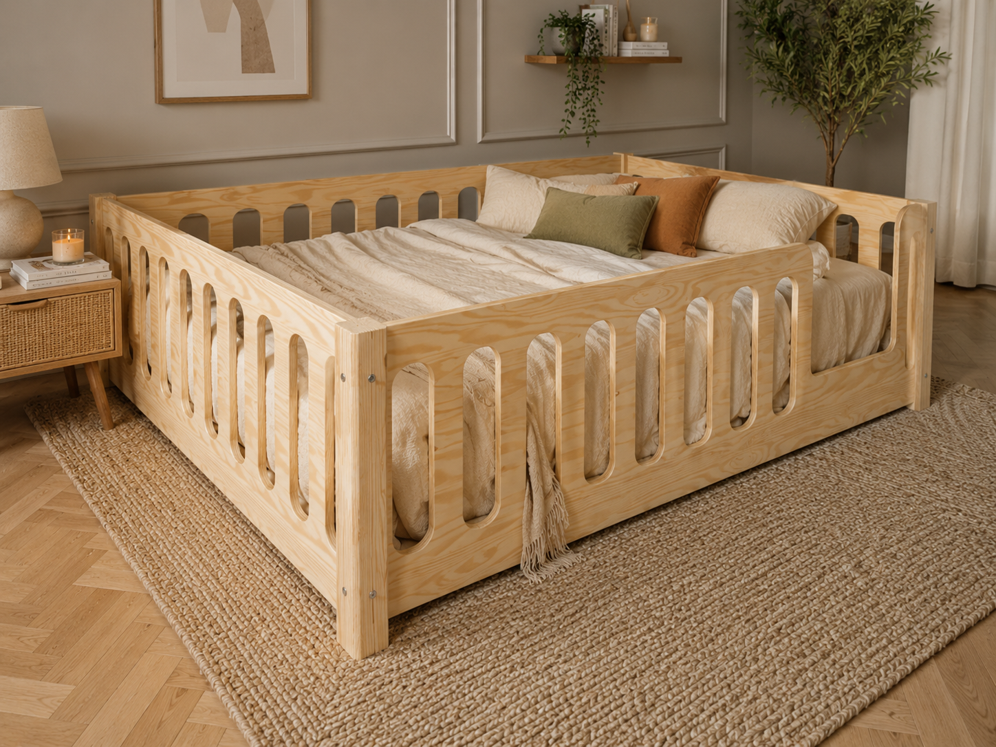 Lit double enfant en bois ras du sol avec barrières ajourées 140x200 – Lit Bulle