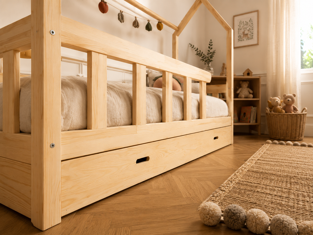 Lit double cabane en bois avec toit ouvert et barrières 120x200 – Lit Cocon