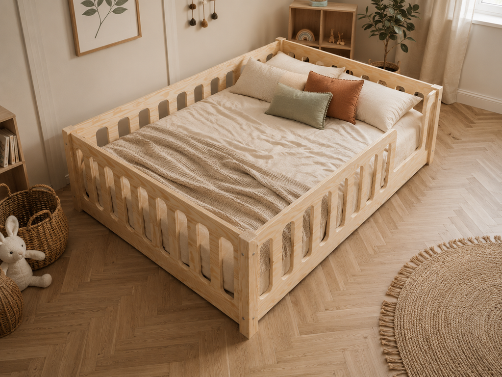 Lit double Montessori 120x200 en bois avec barrières de sécurité rassurantes – Lit Cocon
