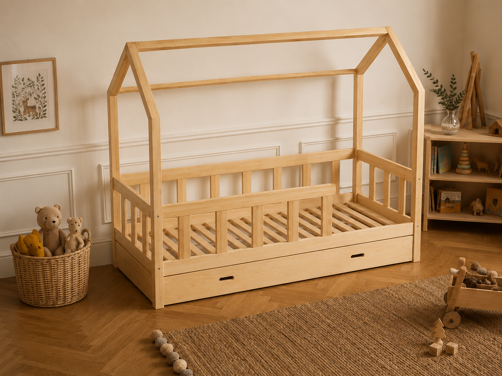 Lit double cabane en bois avec toit ouvert et barrières 120x200 – Lit Cocon