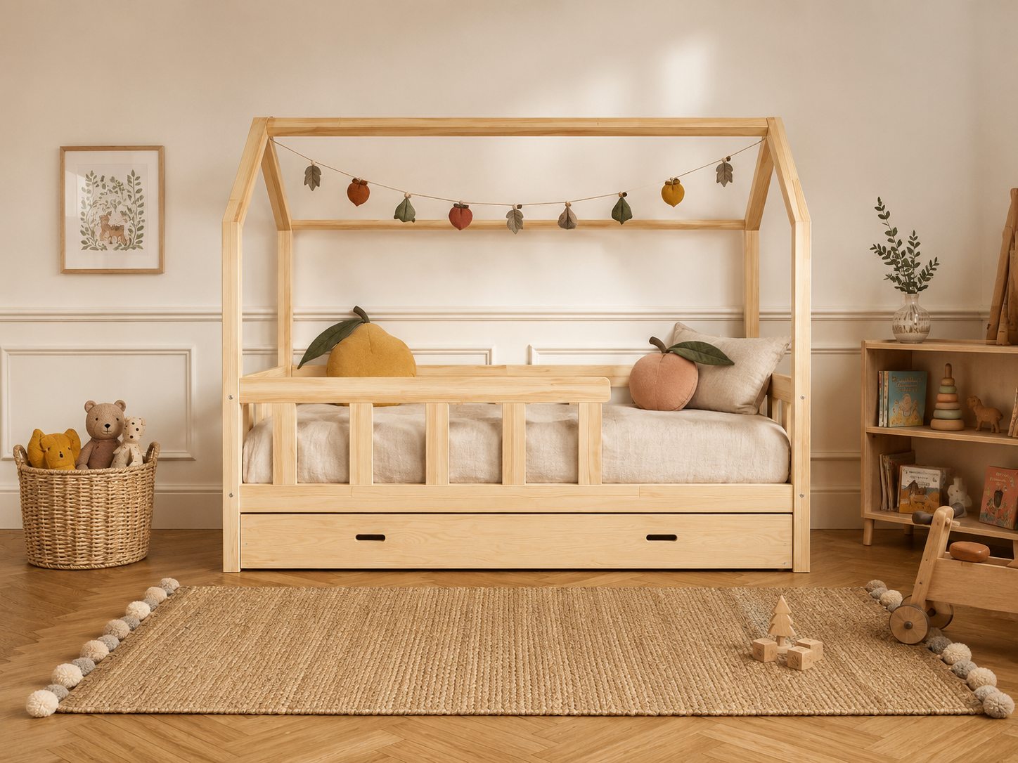 Lit double enfant en bois avec toit cabane et tiroir 140x200 – Lit Doudou
