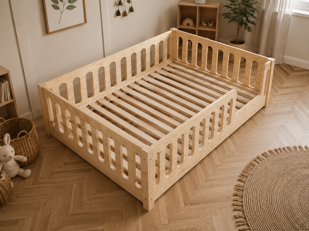 Lit double Montessori 120x200 en bois avec barrières de sécurité rassurantes – Lit Cocon