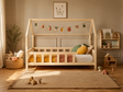 Lit double cabane en bois avec toit ouvert et barrières 120x200 – Lit Cocon