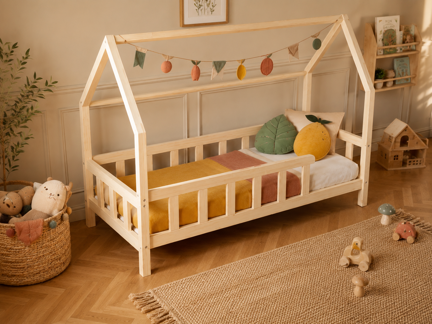Lit double cabane en bois avec toit ouvert et barrières 120x200 – Lit Cocon