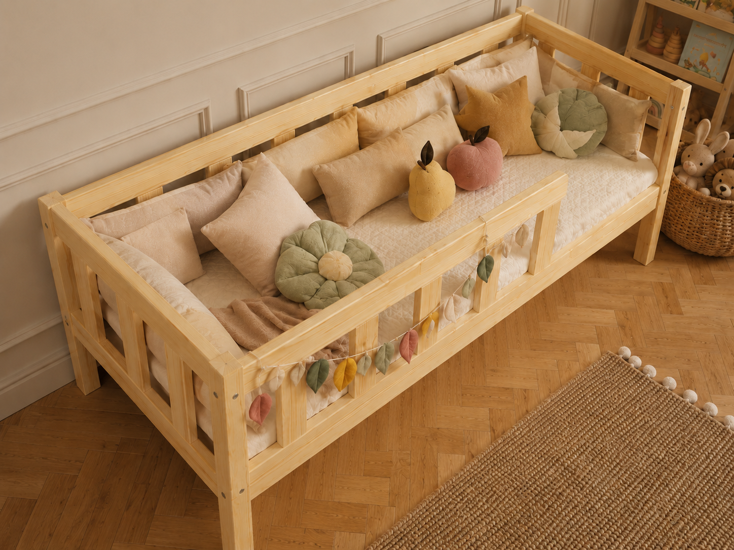 Lit simple 80x160 en bois avec grand tiroir et barrières – Lit Doudou