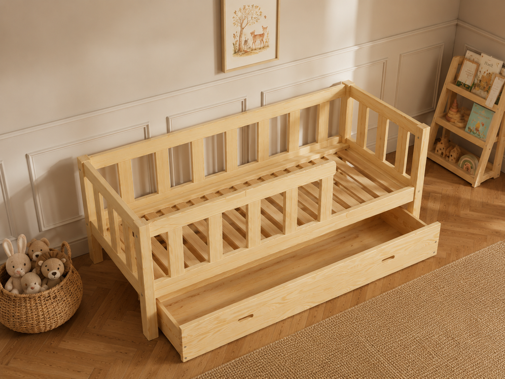 Lit simple 80x160 en bois avec grand tiroir et barrières – Lit Doudou