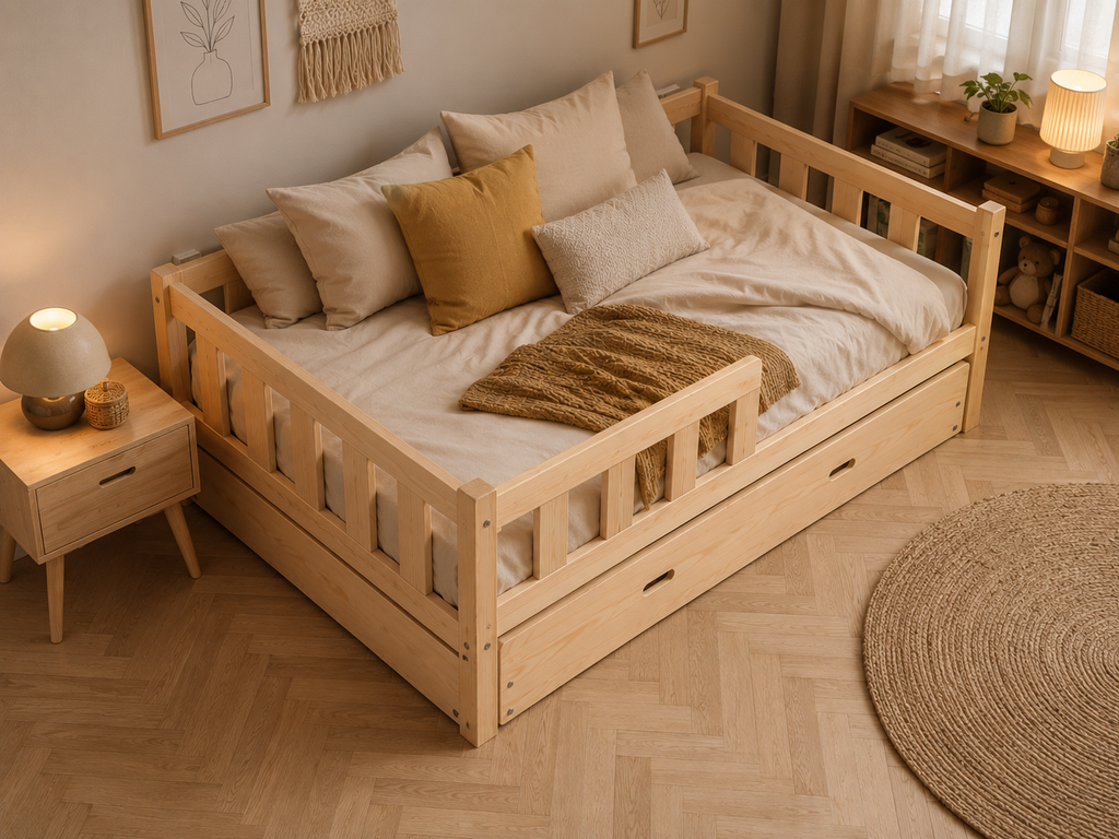 Lit double 120x200 en bois avec élégantes petites barrières protectrices et tiroir de lit – Lit Cocon