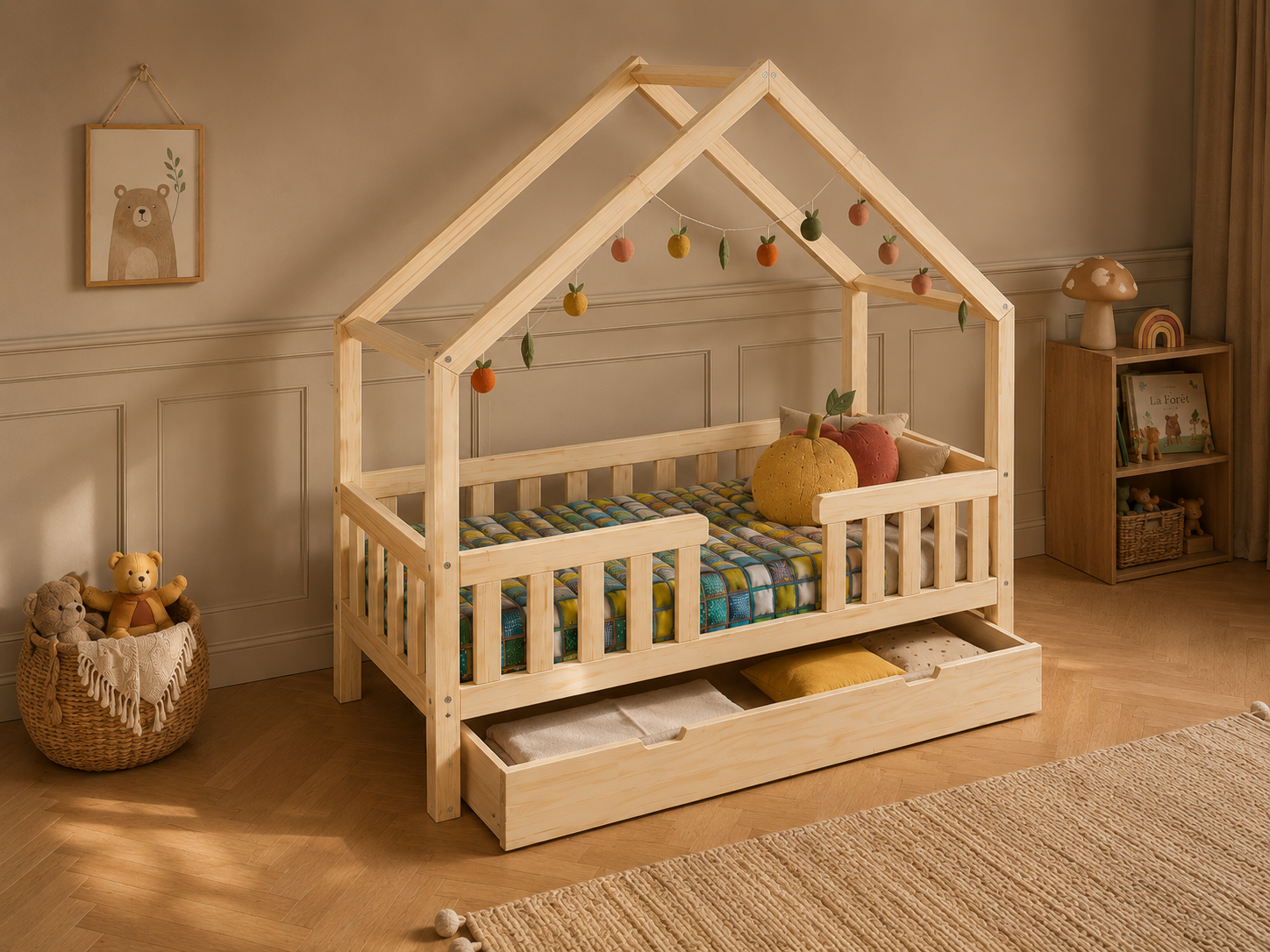 Lit cabane en bois en forme de maisonnette avec tiroir 80x160 cm – Lit Tendresse