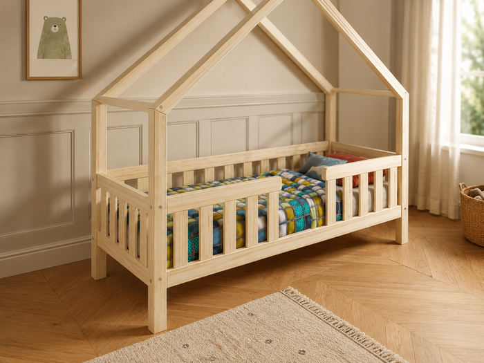 Lit cabane 80x160 en bois avec toit façon maisonnette et tiroir de rangement – Lit Étoilé