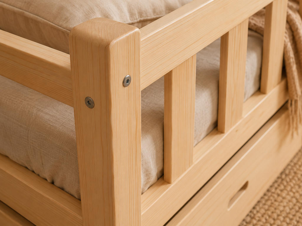 Lit double 120x200 en bois avec élégantes petites barrières protectrices et tiroir de lit – Lit Cocon