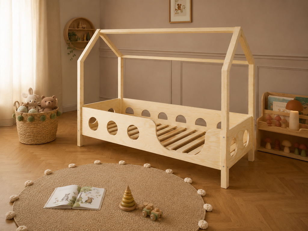Lit double enfant en bois en forme de maison avec toit façon cabane 120x200 – Lit Cocon