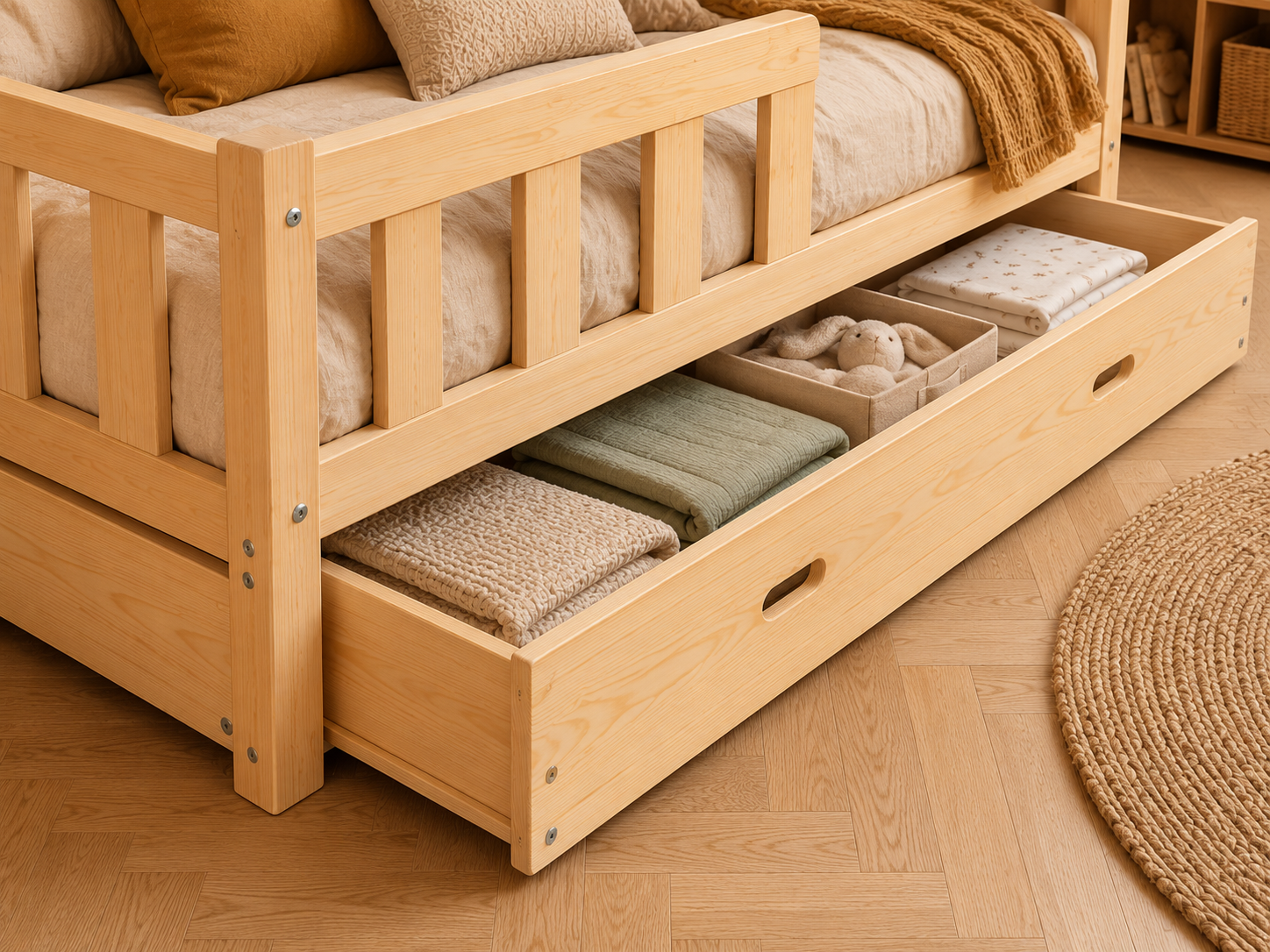 Lit double 120x200 en bois avec élégantes petites barrières protectrices et tiroir de lit – Lit Cocon