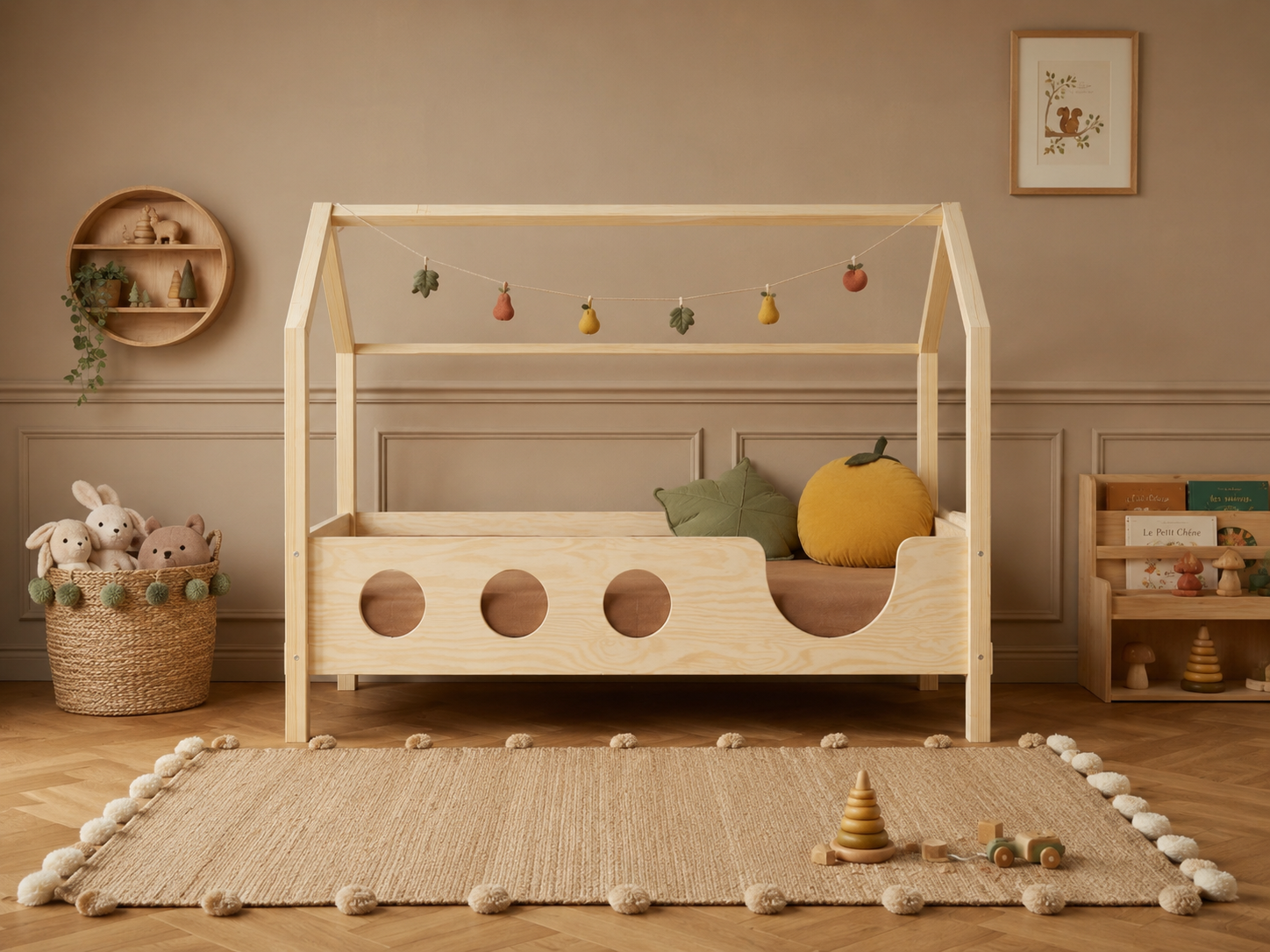 Lit double enfant en bois en forme de maison avec toit façon cabane 120x200 – Lit Cocon