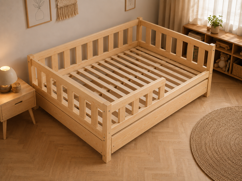 Lit double 120x200 en bois avec élégantes petites barrières protectrices et tiroir de lit – Lit Cocon