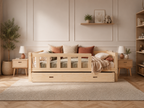 Lit double 120x200 en bois avec élégantes petites barrières protectrices et tiroir de lit – Lit Cocon