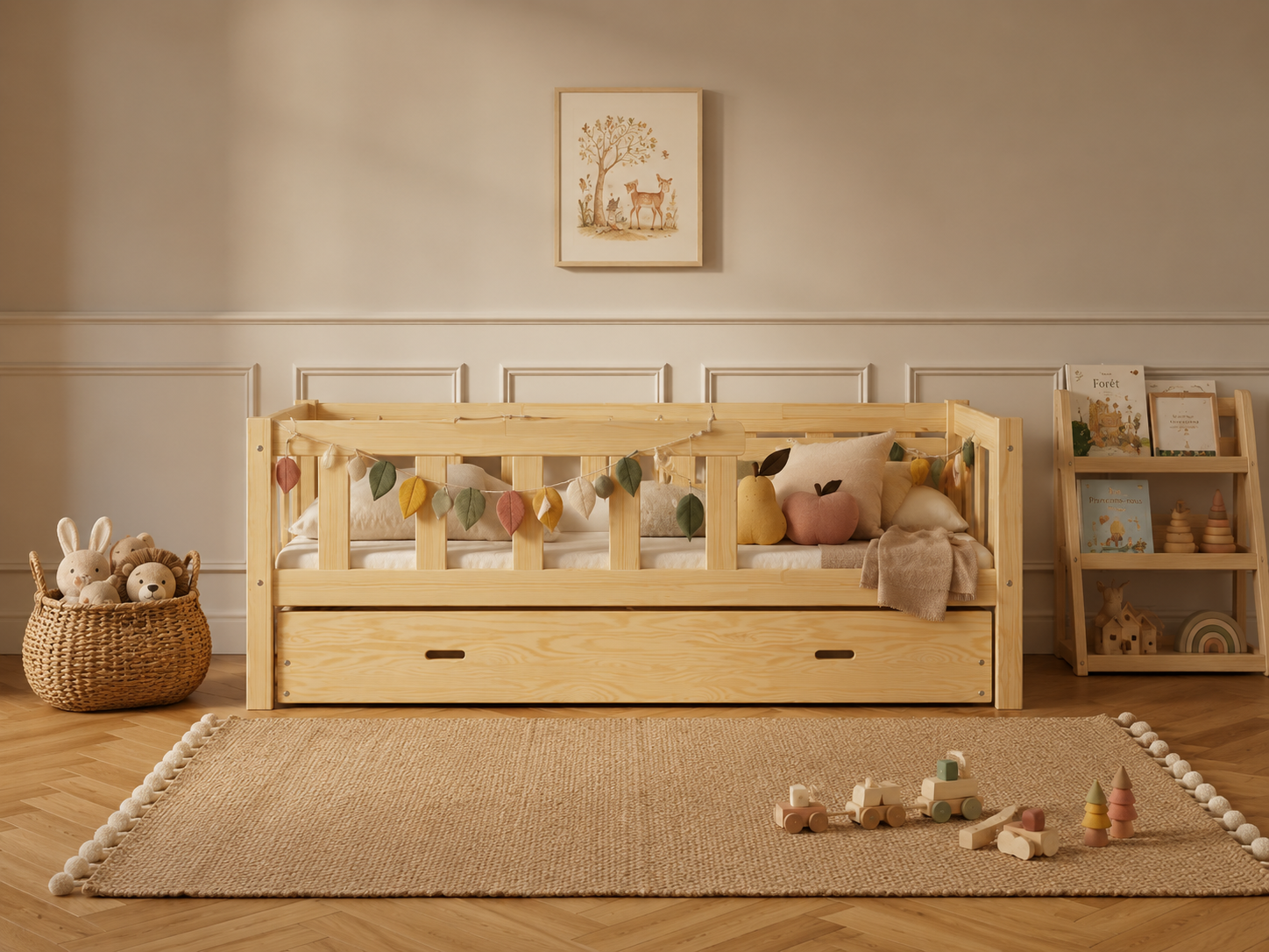 Lit enfant en bois façon banquette à barreaux 90x190 – Lit Berceuse