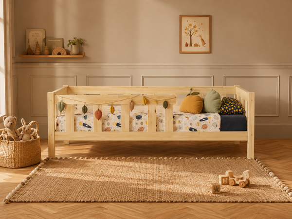 Lit simple 80x160 en bois avec grand tiroir et barrières – Lit Doudou
