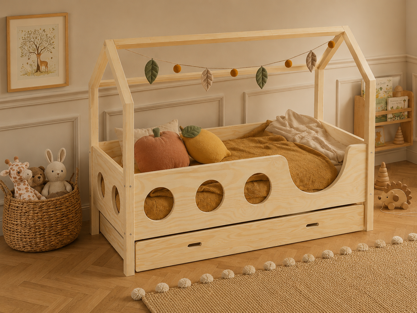 Lit double enfant en bois en forme de maison avec toit façon cabane 120x200 – Lit Cocon