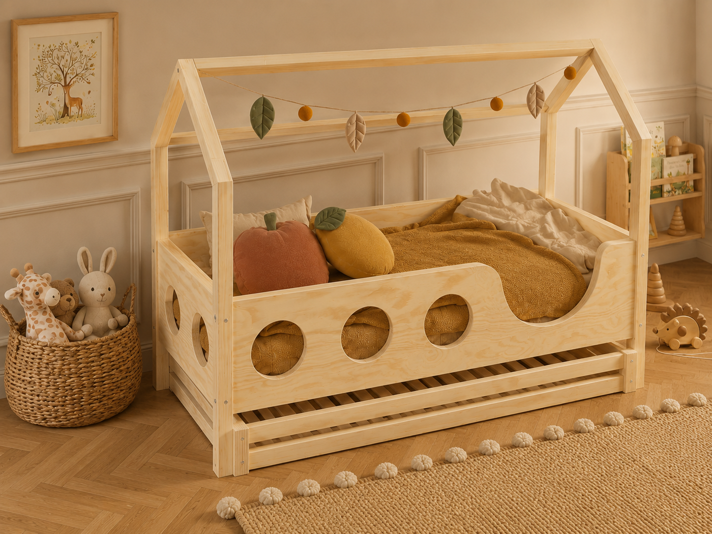 Lit double enfant en bois en forme de maison avec toit façon cabane 120x200 – Lit Cocon