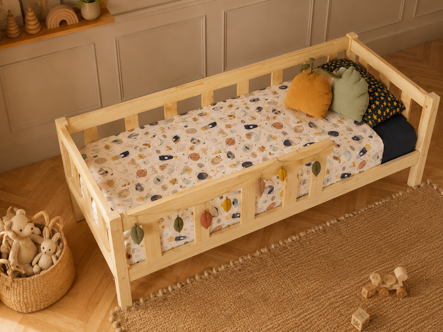 Lit simple 80x160 en bois avec grand tiroir et barrières – Lit Doudou