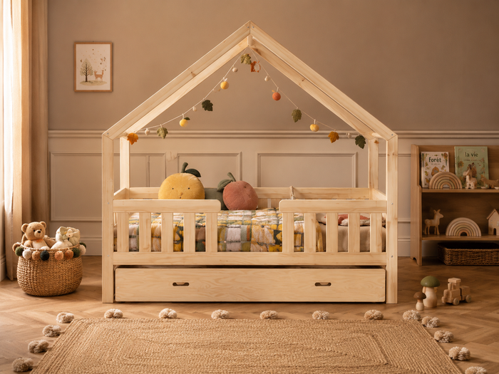 Lit cabane 90x190 en bois avec toit façon maisonnette et barrières de sécurité – Lit Boréal