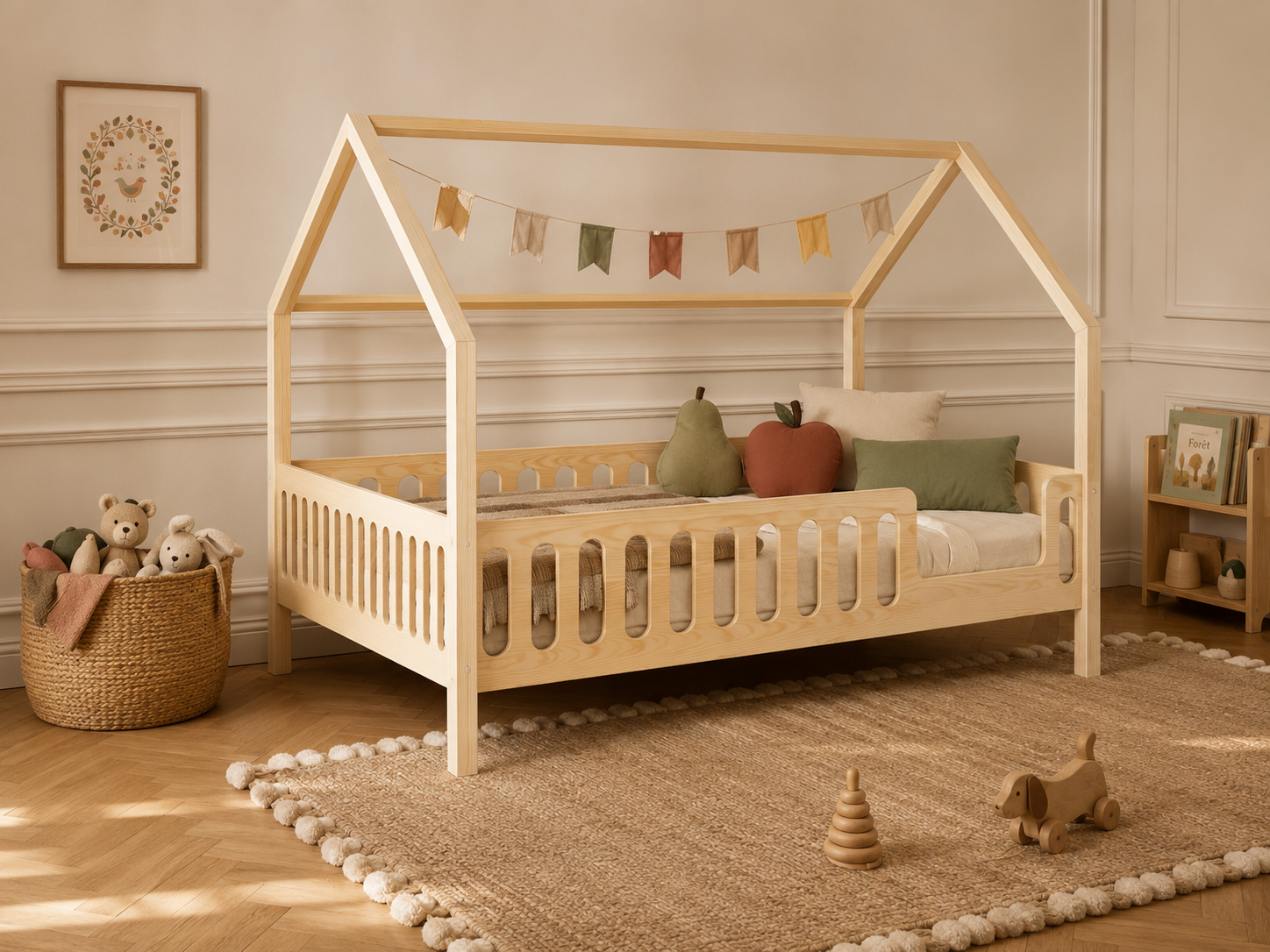 Lit double en bois en forme de maison avec toit cabane 120x200 – Lit Tendre Cocon
