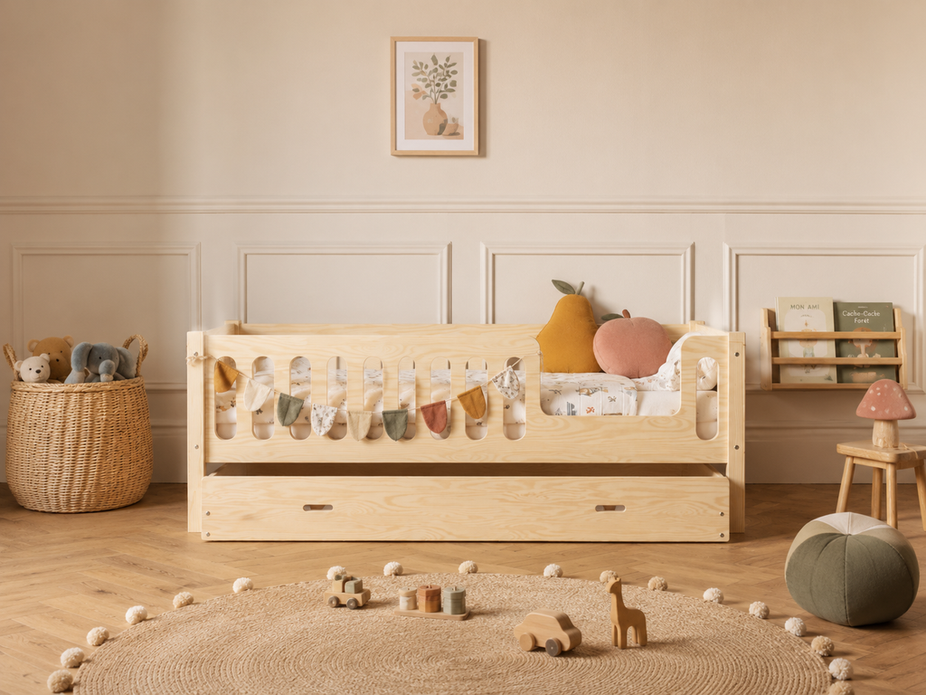 Lit simple 80x160 en bois avec barrières de protection arrondies – Lit Nuage