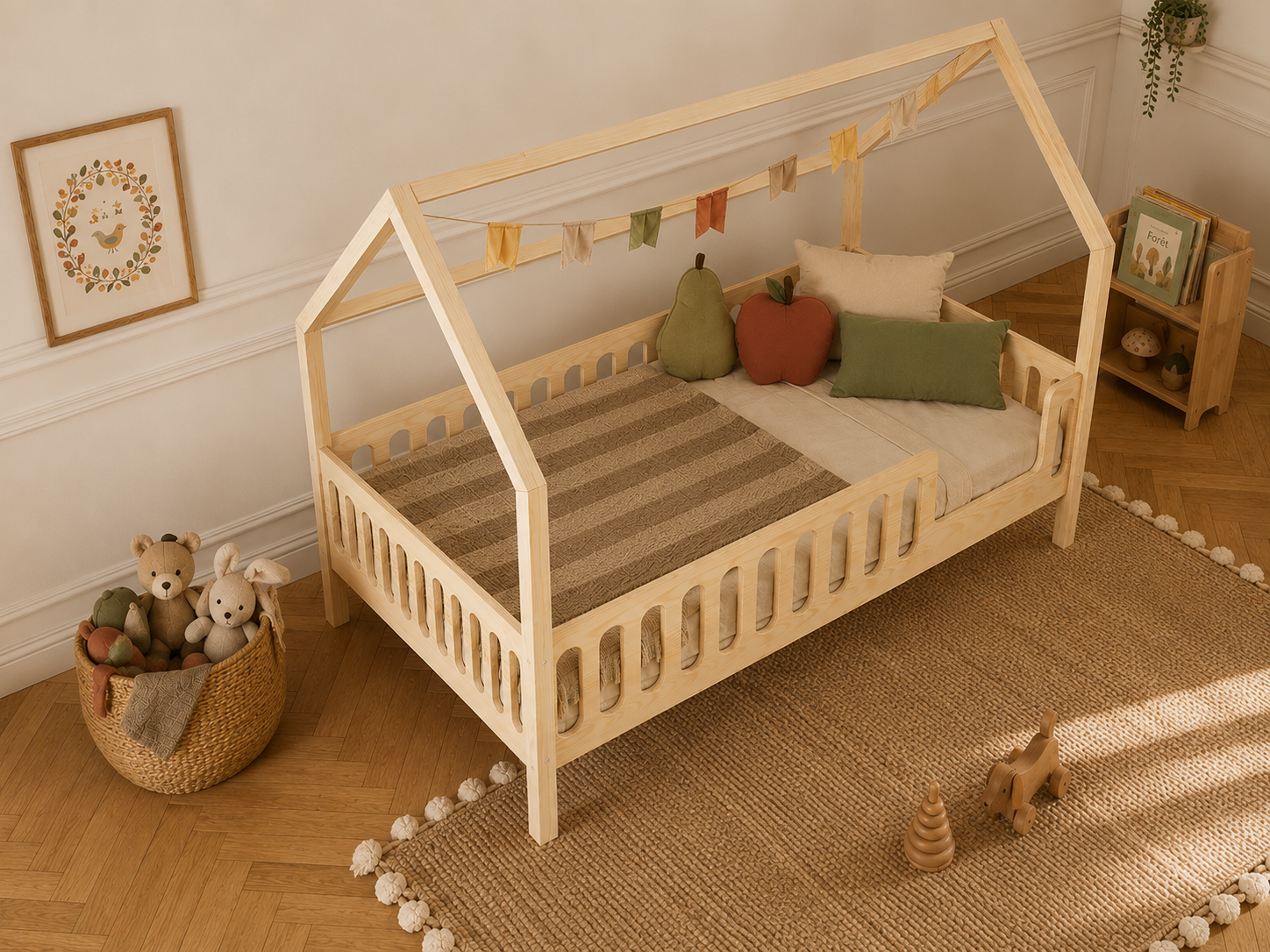 Lit double en bois en forme de maison avec toit cabane 120x200 – Lit Tendre Cocon