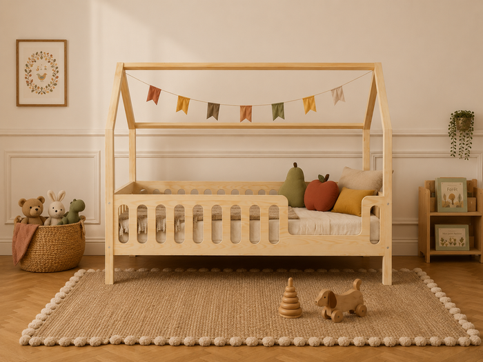 Lit double cabane 120X200 en bois avec toit façon maisonnette et barrières de protection – Lit Boréal