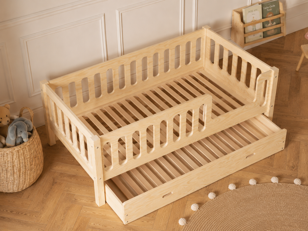 Lit enfant en bois ras du sol avec panneaux ajourés 90x190 – Lit Farandole