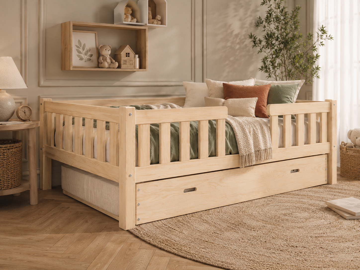 Lit double enfant en bois sur pieds avec barrières à barreaux 140x200 – Lit Farandole