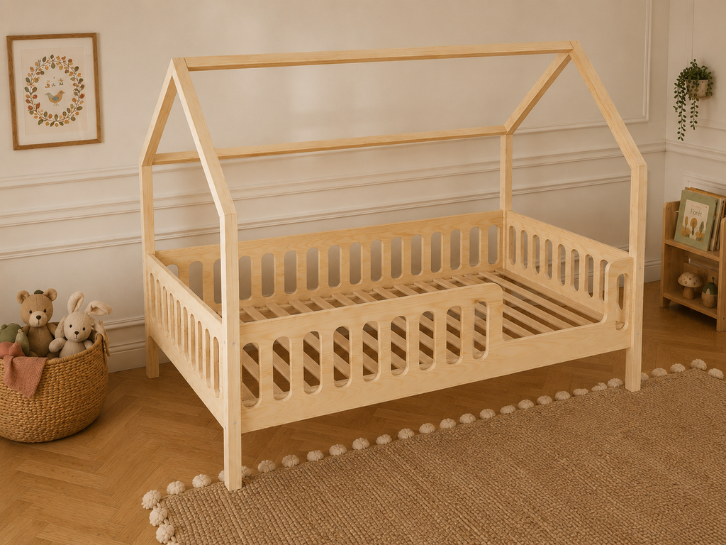 Lit double en bois en forme de maison avec toit cabane 120x200 – Lit Tendre Cocon